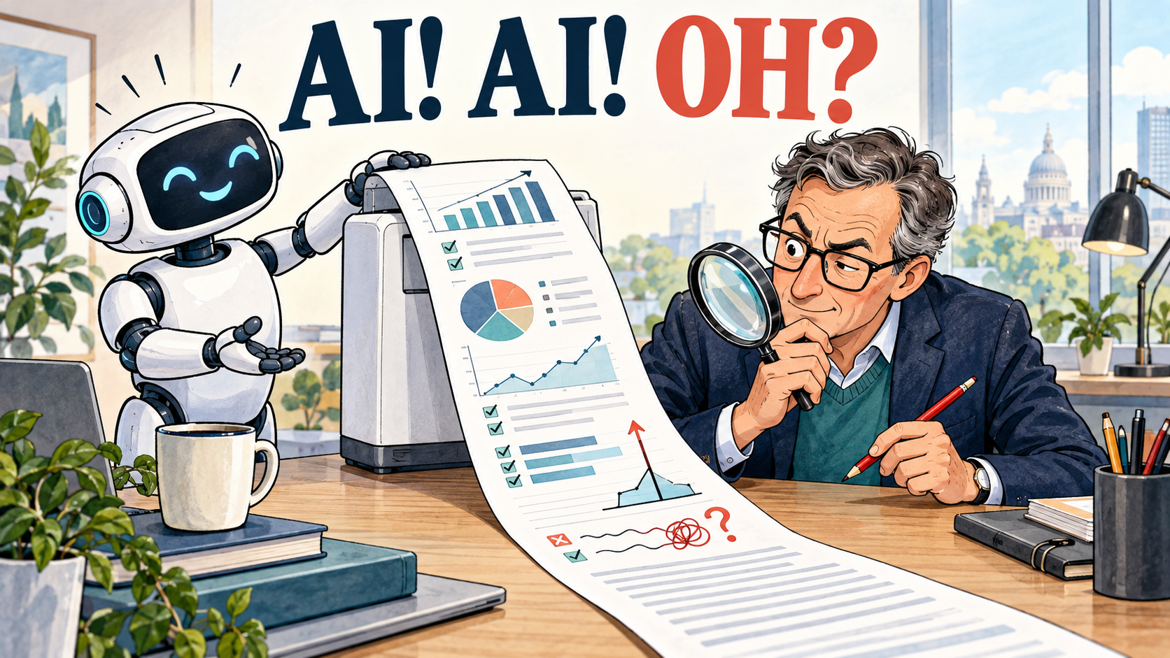 Editorial cartoon showing an enthusiastic AI robot presenting ideas while an experienced human carefully reviews them