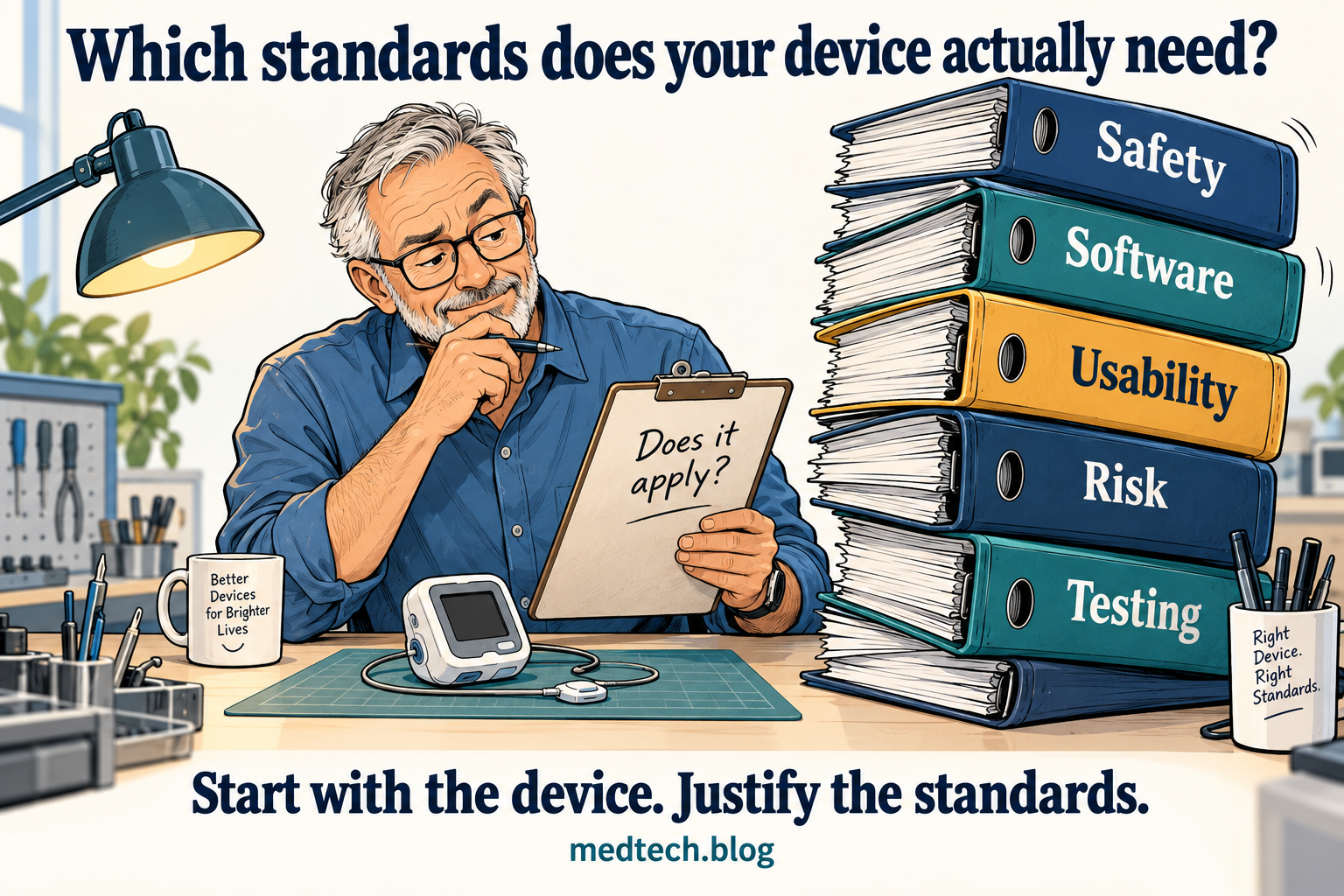 An engineer studies a small medical device beside an overwhelming stack of standards, illustrating the need for product-specific standards selection.