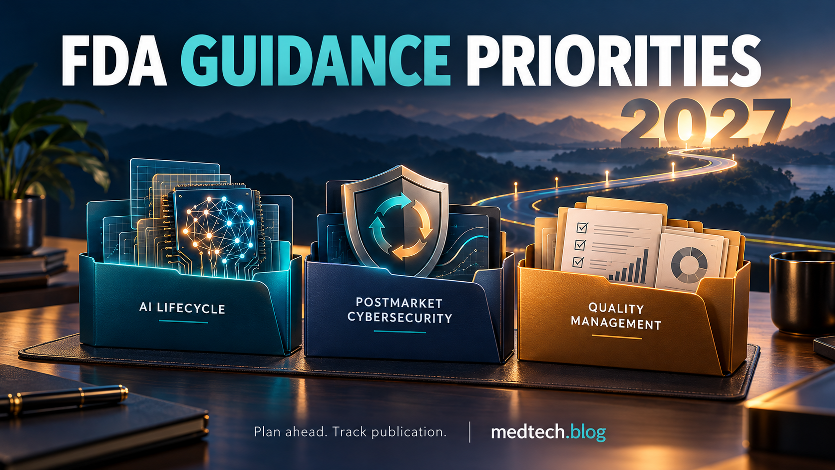 Three folders representing AI lifecycle, postmarket cybersecurity and quality management, with a path towards FDA guidance priorities for 2027.