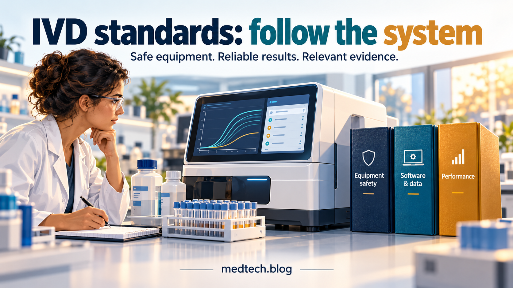 An engineer reviews an IVD analyser alongside equipment safety, software and data, and performance references. IVD standards: follow the system.