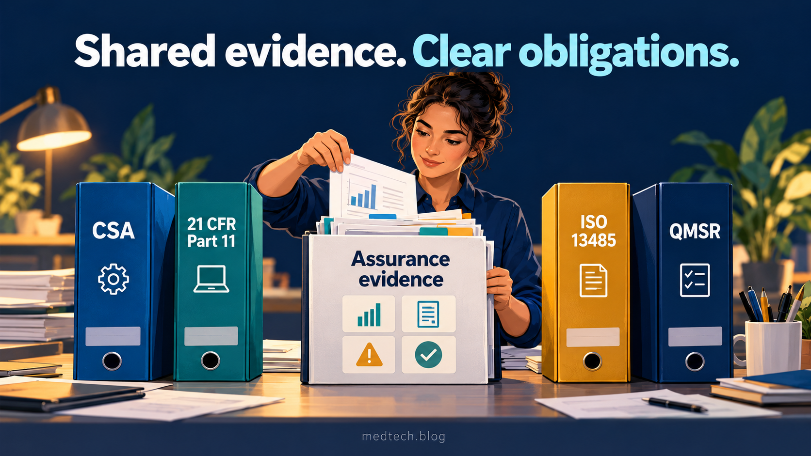 An engineer assembles assurance evidence beside distinct CSA, 21 CFR Part 11, ISO 13485 and QMSR binders. Headline: Shared evidence. Clear obligations.