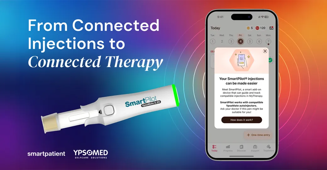 From Connected Injections to Connected Therapy: SmartPilot for YpsoMate alongside the MyTherapy app, with smartpatient and Ypsomed branding.